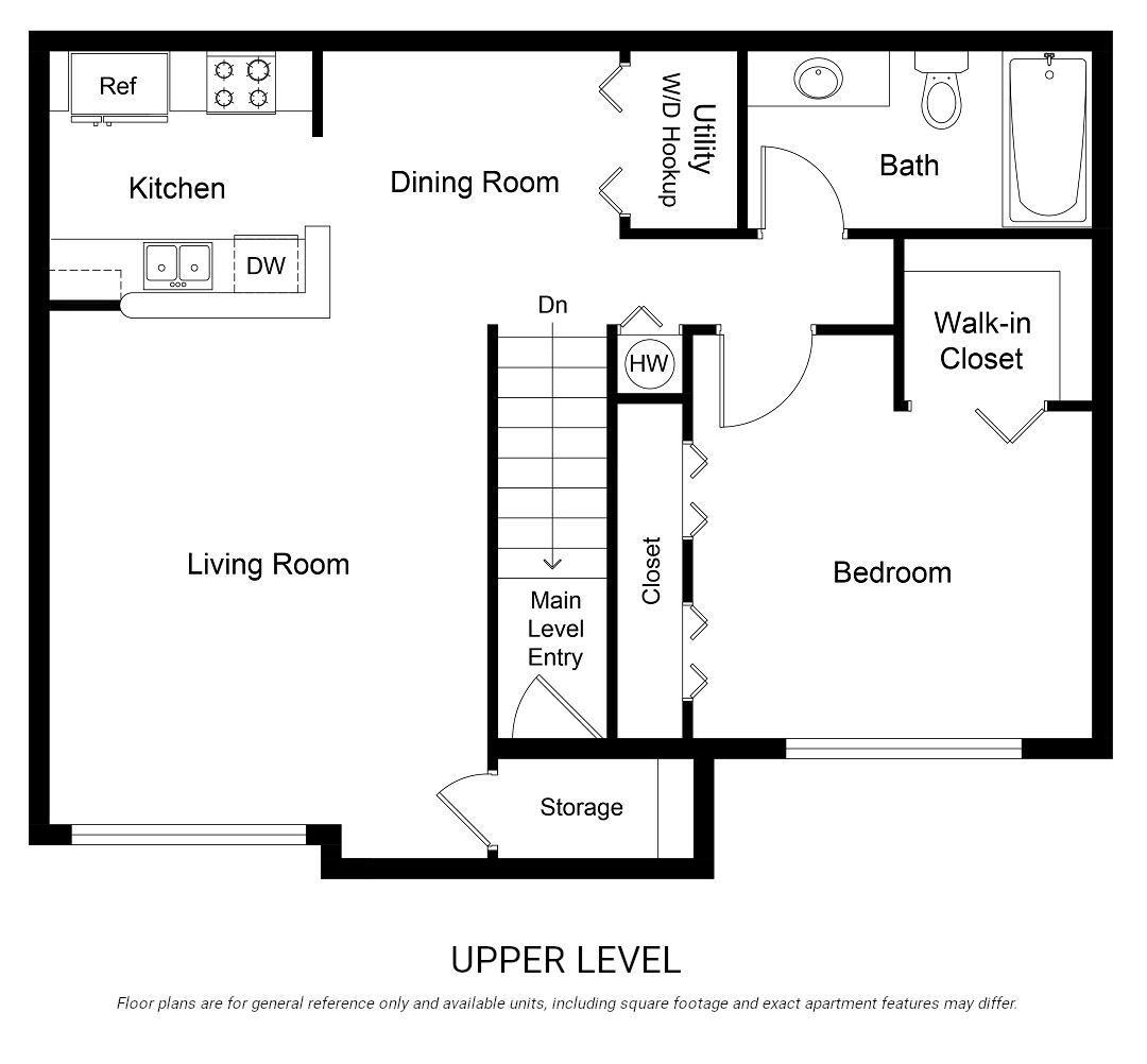 Floor plan for 1 bed, 1 bath, 770 sqft